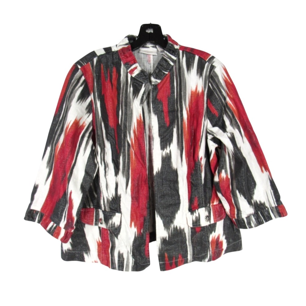 CHICO'S Red w/METALLIC SHIMMER Allegra AZTEC PAINTING Open Front JACKET 2/US L